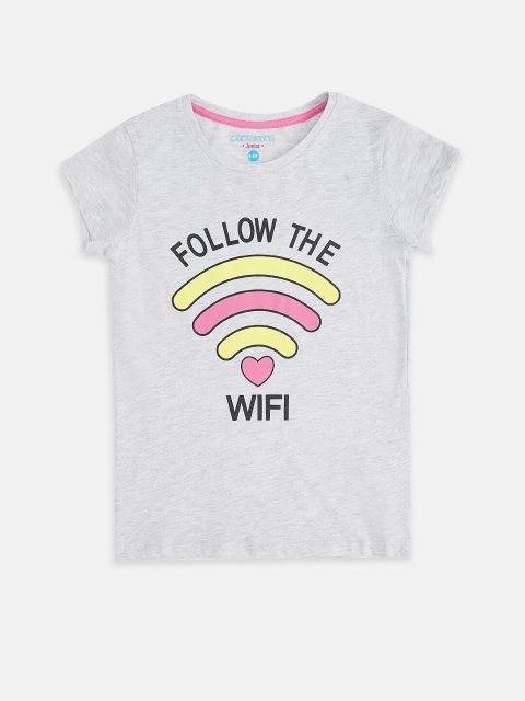 

Pantaloons Junior Girls Grey Melange Typography Printed Cotton T-shirt