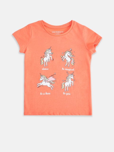 

Pantaloons Junior Girls Coral Peach Printed T-shirt