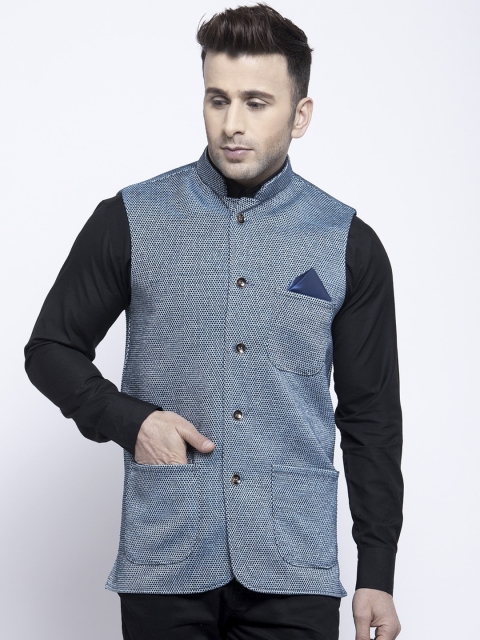 

KLOTTHE Men Blue Woven Design Nehru Jacket