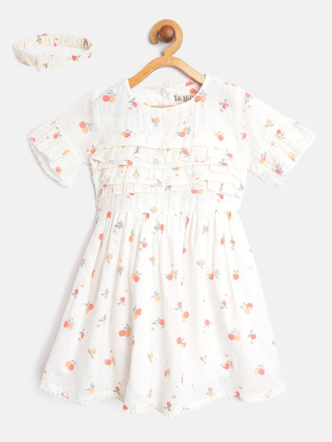 

Bella Moda White Conversational Printed Schiffli Flared Dress with Hairband