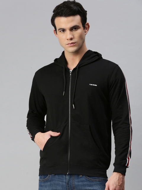 

TOM BURG Men Black Pure Cotton Hooded Sweatshirt