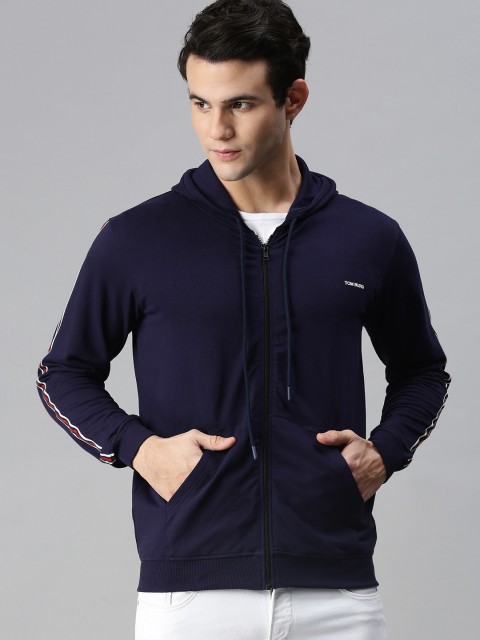 

TOM BURG Men Navy Blue Pure Cotton Hooded Sweatshirt