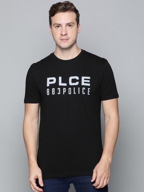 

883 Police Men Black Brand Logo Printed Pure Cotton T-shirt