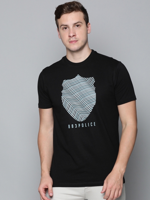 

883 Police Men Black Brand Logo Printed Pure Cotton T-shirt