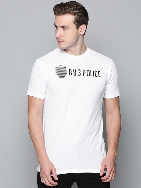 

883 Police Men White Cotton Typography Printed T-shirt