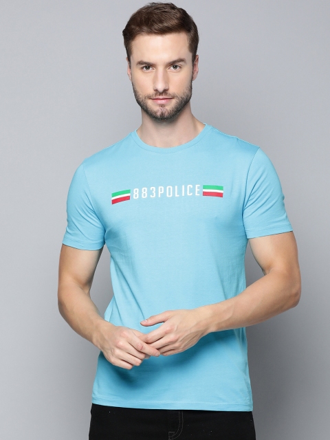 

883 Police Men Blue Brand Logo Printed Pure Cotton T-shirt