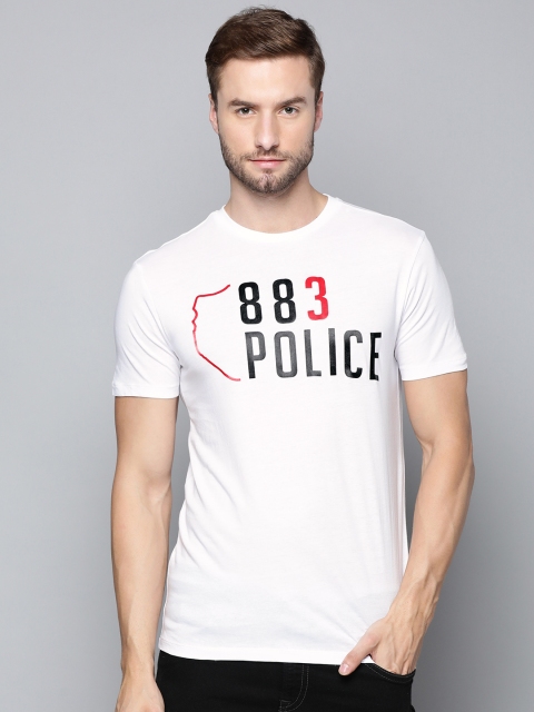 

883 Police Men White & Black Brand Logo Printed Pure Cotton T-shirt