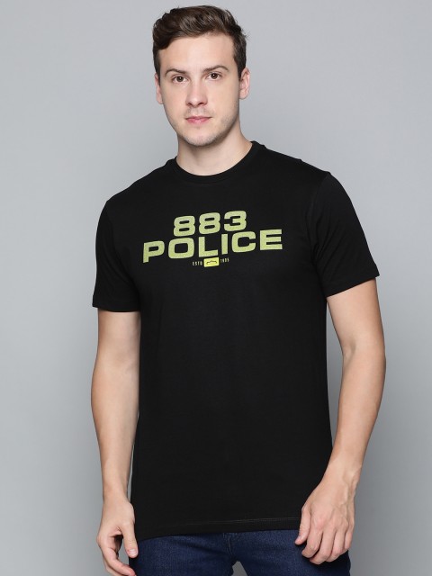 

883 Police Men Black Brand Logo Printed Pure Cotton T-shirt