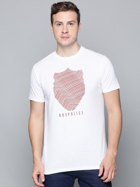 

883 Police Men White Brand Logo Printed Pure Cotton T-shirt