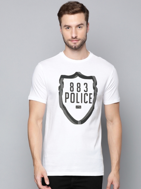 

883 Police Men White & Black Brand Logo Printed Pure Cotton T-shirt