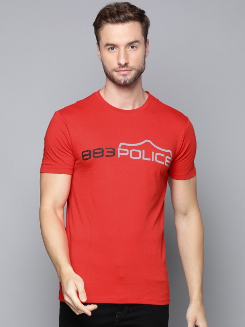 

883 Police Men Red Brand Logo Printed Pure Cotton T-shirt