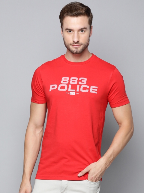 

883 Police Men Red Brand Logo Printed Pure Cotton T-shirt