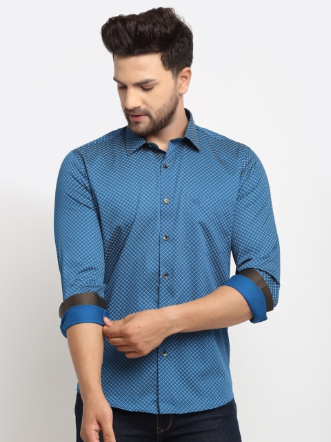 

La Mode Men Blue Slim Fit Micro Checks Opaque Printed Party Shirt