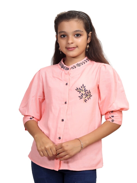 

Ishin Peach-Coloured & Navy Blue Floral Embroidered Shirt Style Top
