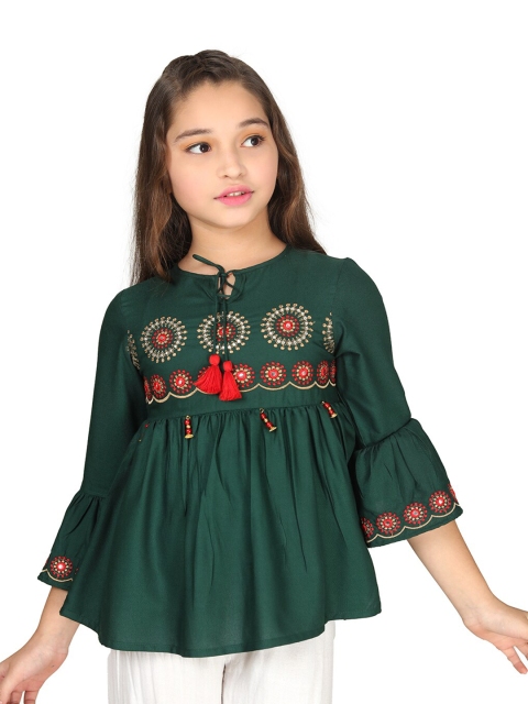 

Ishin Girls Green Floral Embroidered Tie-Up Neck Empire Top