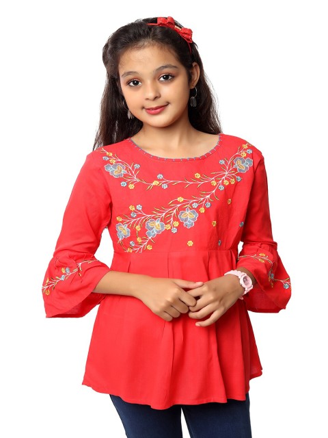 

Ishin Red Floral Embroidered A-Line Top