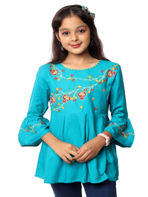 

Ishin Blue Floral Embroidered A-Line Top