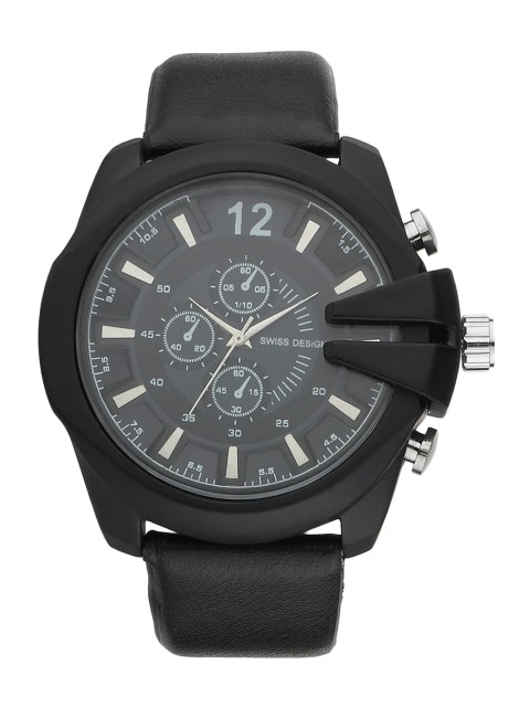 

Swiss Design Men Black Dial & Black Leather Straps Analogue Watch SD-716-BK
