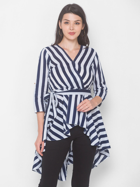 

Iti White & Blue Striped Wrap Longline Top