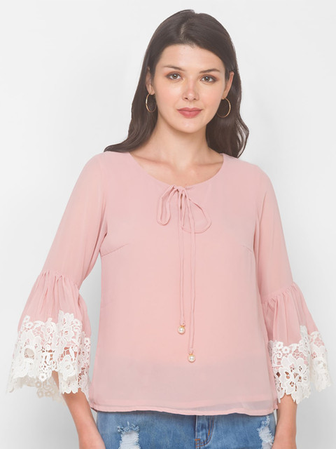

Iti Pink Tie-Up Neck Georgette Regular Top