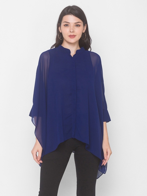 

Iti Blue Mandarin Collar Layered Georgette Regular Longline Top