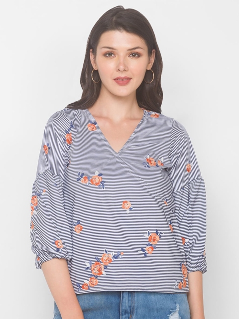 

Iti White & Navy Blue Floral Striped Crepe Wrap Top