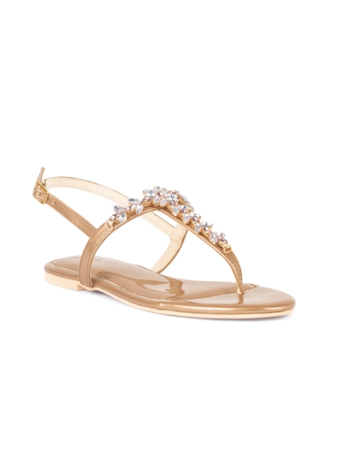 

London Rag Women Beige Embellished Leather Party Open Toe Flats