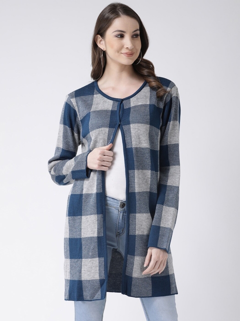 

Club York Women Blue & Grey Checked Acrylic Longline Button Shrug