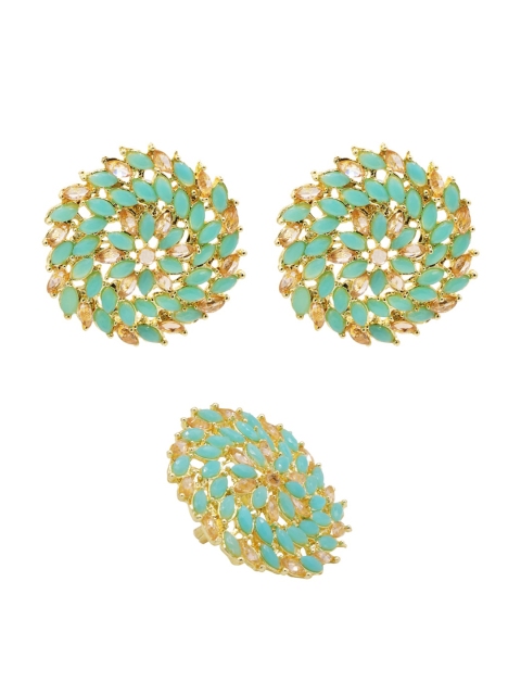 

ASMITTA JEWELLERY Teal Gold- toned Stud Earring with Adjustable Finger ring