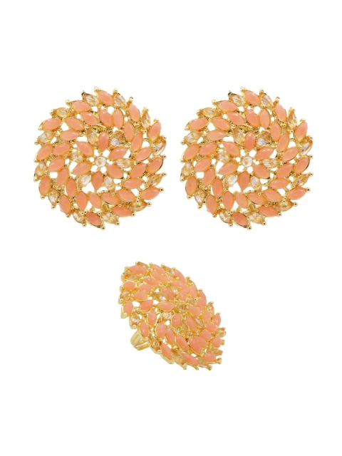 

ASMITTA JEWELLERY Gold-Toned & Peach Studded Stud Earrings With Adjustable Finger Ring