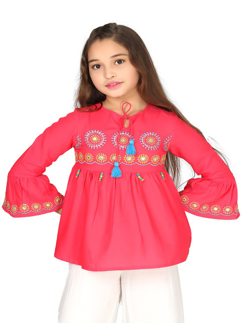 

Ishin Pink Embroidered Mandarin Collar Empire Top
