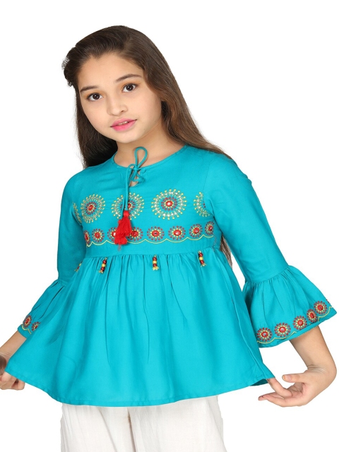 

Ishin Blue Floral Embroidered Tie-Up Neck Empire Top