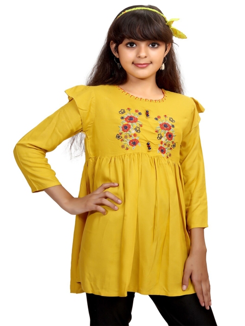 

Ishin Mustard Yellow Floral Embroidered A-Line Top