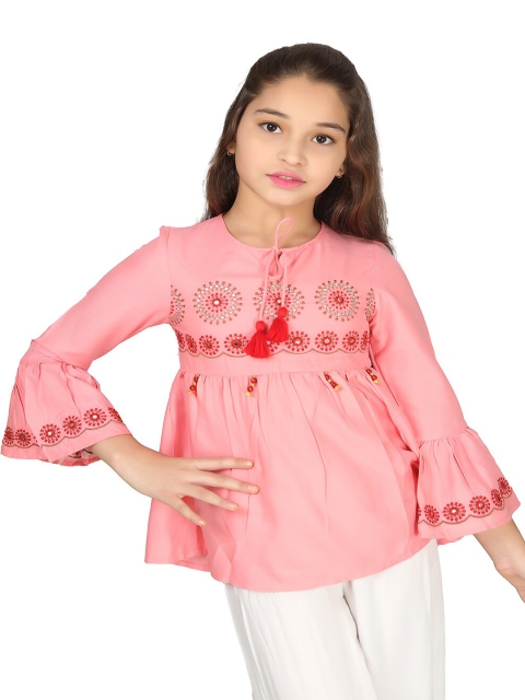 

Ishin Peach-Coloured Floral Embroidered Tie-Up Neck Empire Top