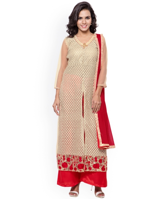

Satrani Beige & Red Embroidered Net Semi-Stitched Dress Material