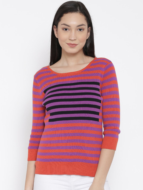

United Colors of Benetton Women Orange Striped Sweater