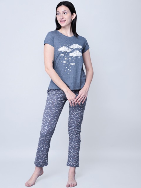 

LYRA Women Grey & White Printed Cotton Night suit