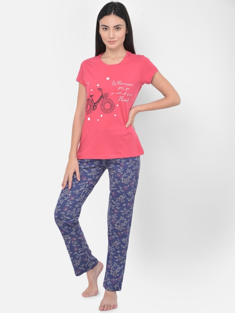 

LYRA Women Fuchsia & Blue Printed Pure Cotton Night suit