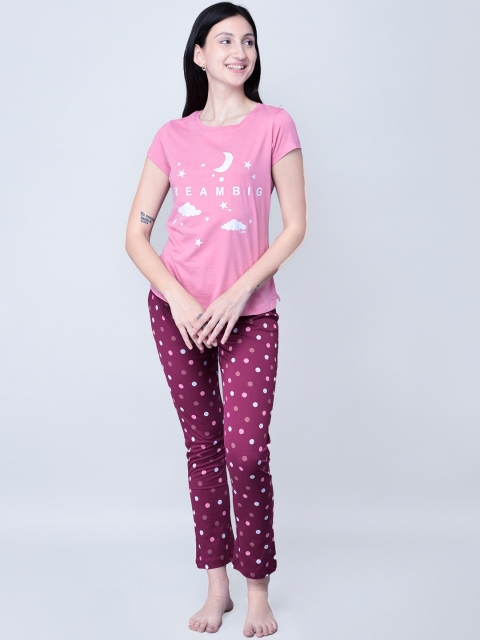 

LYRA Women Pink & White Printed Cotton Night suit