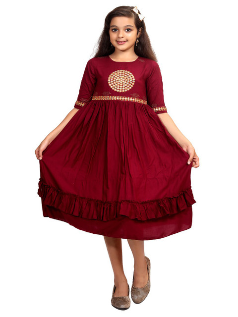 

Ishin Maroon Embroidered A-Line Dress