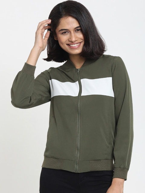 

Bewakoof Women Green & White Colourblocked Bomber Jacket