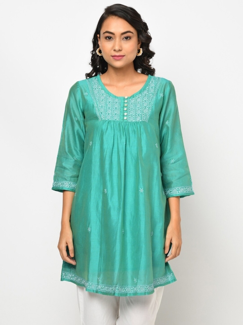 

Fabindia Turquoise Blue Embroidered Cotton Silk Tunic