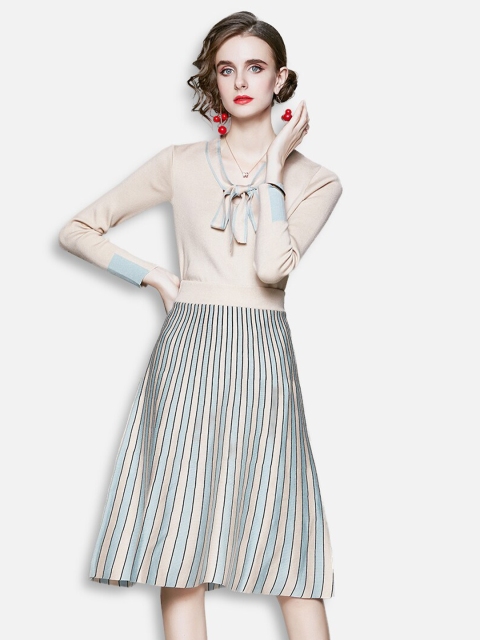 

JC Collection Women Khaki & Blue Striped Top with Skirt