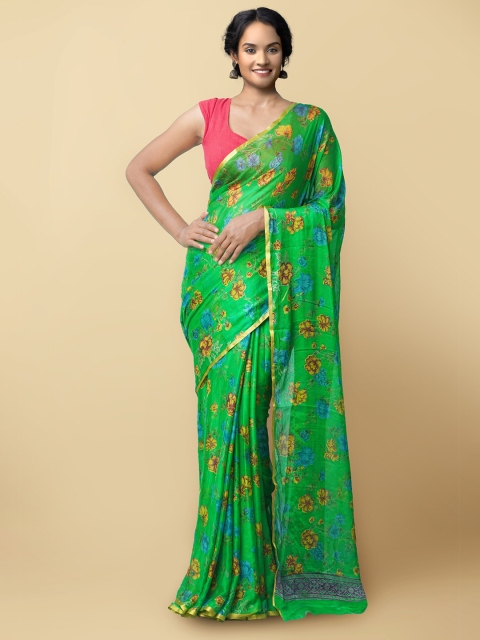 

Unnati Silks Green & Yellow Floral Art Silk Block Print Saree