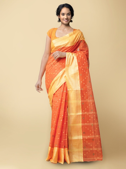 

Unnati Silks Women Orange & Gold Pure Handloom Bengal Tant Cotton Sustainable Saree