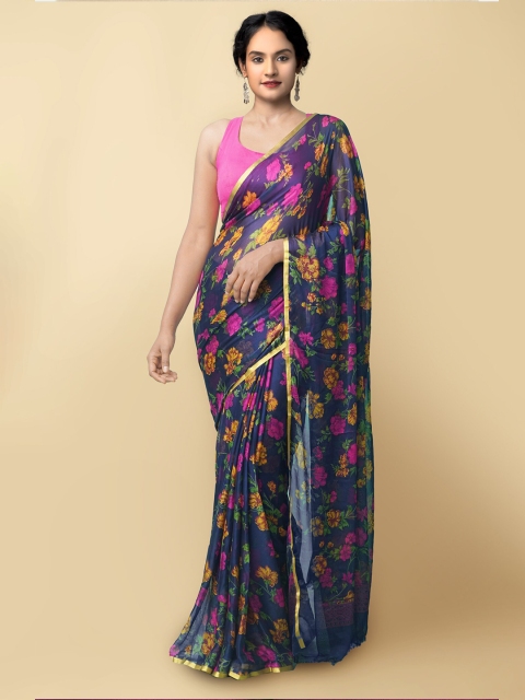 

Unnati Silks Blue & Yellow Floral Art Silk Block Print Saree