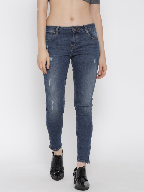 

United Colors of Benetton Women Navy Slim Fit Mid-Rise Low Distress Ankle-Length Jeans, Navy blue