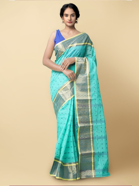 

Unnati Silks Women Turquoise Blue & Gold-Toned Pure Handloom Bengal Tant Cotton Sustainable Saree