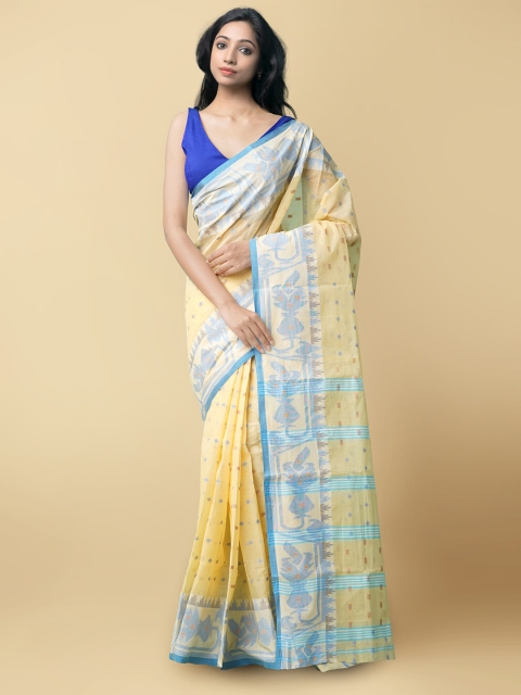 

Unnati Silks Women Cream-Coloured & Blue Pure Handloom Bengal Tant Cotton Sustainable Saree