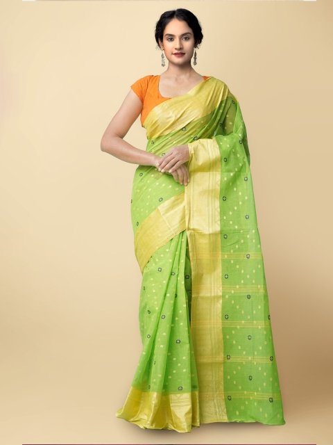 

Unnati Silks Women Green & Gold-Toned Pure Handloom Bengal Tant Cotton Sustainable Saree